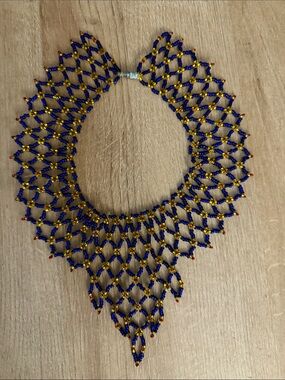 Statement Beaded Necklace in Blue, Red and Gold- Native American Handmade